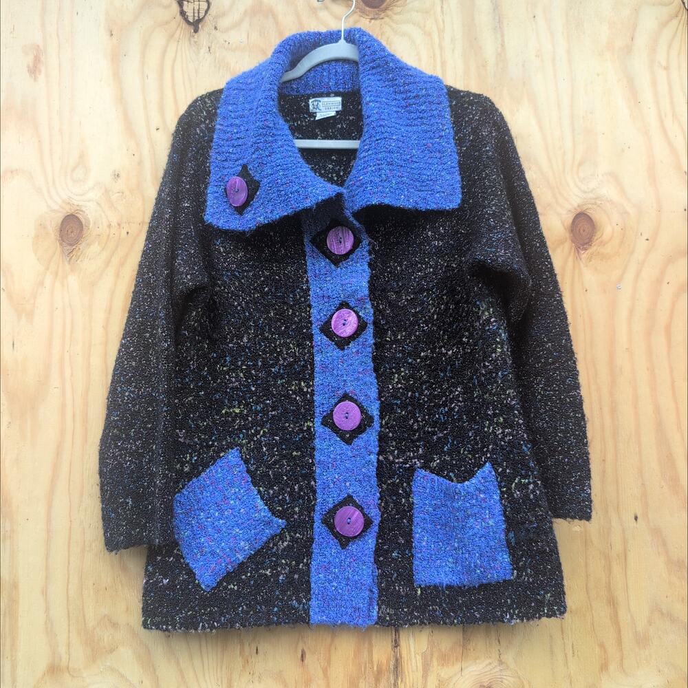 Vtg Glenmont Design Eclectic ArtTeacher WearableArt Button Up Cardigan Women's L